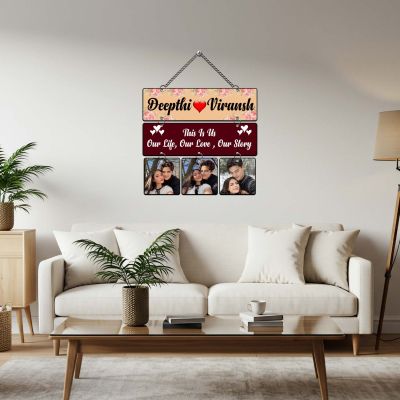 Personalized Wooden Couple Name Hanging Photo Frame Romantic Wall Decor for Living Room & Bedroom Gift For Anniversary, Valentines Day, Birthday, Husband Wife, Girlfriend Boyfriend